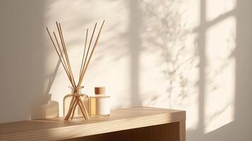 Elegant aroma diffuser with reed sticks on wooden shelf displaying soft shadows from sunlight in cozy interior photo