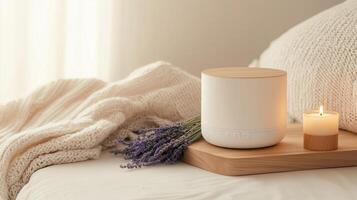 Elegant home relaxation setup featuring essential oil diffuser, lavender, and candle on cozy bed photo