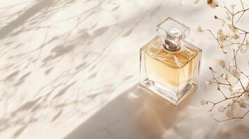 Elegant glass perfume bottle placed on a light surface with delicate shadows and floral accents in soft daylight photo