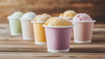 Colorful ice cream cups arranged on a wooden table at a summer gathering in a cozy atmosphere photo