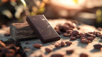 Rich dark chocolate on a rustic wooden surface surrounded by cocoa beans in warm sunlight during afternoon photo