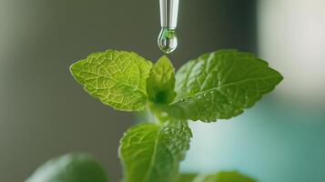 Fresh water droplet falls onto vibrant mint leaves in a botanical setting on a sunny day photo