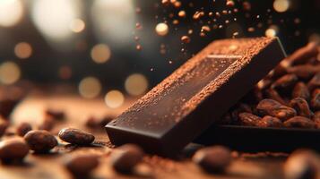 Dark chocolate resting on cocoa beans surrounded by cocoa powder in a warm, inviting setting photo