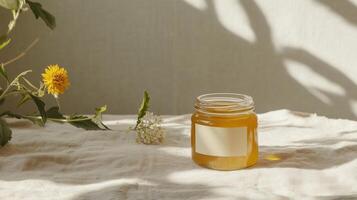 Honey jar placed on a textured cloth with yellow flowers and soft shadows creating a warm atmosphere in a natural setting photo