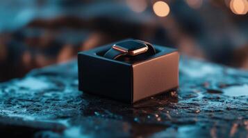 Elegant smartwatch displayed in a sleek black box on a textured surface with soft lighting in the background photo