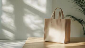 Minimalist bag placed on wooden table with soft sunlight shining through windows in a calm indoor setting photo