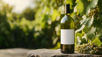 Bottle of white wine placed on stone near grapevines during sunset in a vineyard setting photo