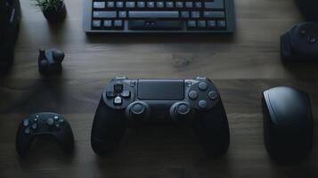 Gaming setup with controllers, keyboard, and mouse arranged on wooden desk photo
