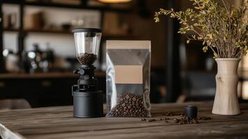 Elegant coffee grinder and freshly packed coffee beans on a rustic wooden table in a cozy cafe kitchen photo