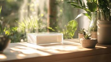 Natural light creating a tranquil atmosphere on a wooden table with plants and a glass container in a modern indoor garden photo
