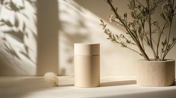 Minimalist arrangement with natural elements on a light surface showcasing soft shadows and a neutral color palette photo