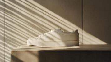Elegant white sneaker showcased in sunlight with striking shadow patterns on a stone surface in a minimalist setting photo