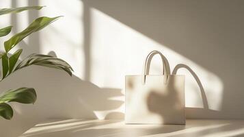 Elegant beige handbag rests on a light wooden surface with soft shadows and a lush green plant in the background photo