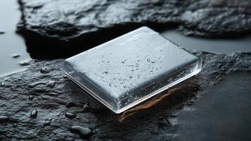 Clear soap bar sitting on wet rock surface with droplets sparkling in the light near a natural water source photo