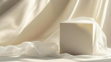 Minimalist square object on soft fabric backdrop showcasing elegance and simplicity in a serene setting photo