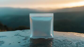 Sunset backdrop featuring a clear package on a wet surface highlighting the beauty of nature and stillness photo