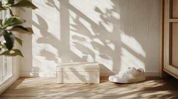 Soft morning light casts playful shadows on a shoe and a box in a serene corner of a minimalistic room photo