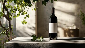 Elegant wine bottle on a stone table surrounded by lush greenery in a bright contemporary setting photo