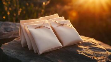 Small linen bags sit on a rock as sunlight filters through, creating a warm, inviting atmosphere during sunset photo