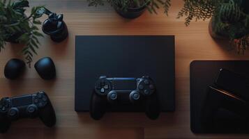 Gaming setup with console, controllers, and accessories on wooden surface surrounded by greenery photo