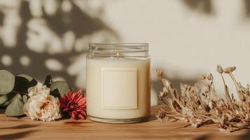 Relaxing scene with candle, dried flowers, and fresh blooms in a cozy natural setting photo