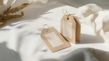 Blank kraft tags resting on a soft fabric surface with gentle natural light illuminating the scene photo