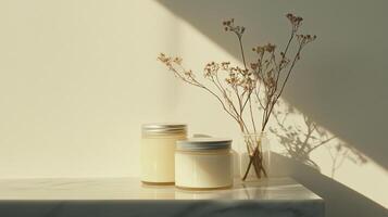 Candles and dried flowers displayed on a marble surface with soft sunlight illuminating the scene photo