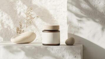 Natural skincare product displayed elegantly with stones and dried flowers in a minimalist setting during soft afternoon light photo