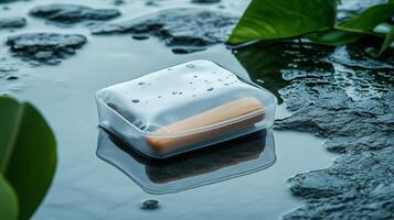 Waterproof container sits on wet rocks surrounded by greenery in a natural setting photo