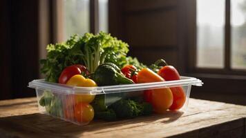 Fresh assortment of colorful vegetables displayed in a container on a rustic wooden table by a window in the warm afternoon light photo