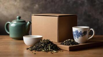 Tea preparation in a serene setting with loose tea leaves, a teapot, and elegant cups showcasing an inviting atmosphere photo