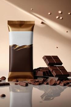 Delicious dark chocolate bar with broken pieces and cocoa nibs displayed on a glossy surface photo