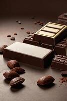 Chocolate bars arranged artistically with cocoa beans on a textured surface in a warm, inviting setting photo