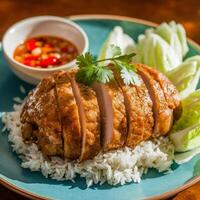 Sliced roasted chicken is laid over a bed of white rice, garnished with a cilantro sprig, and accompanied by fresh lettuce and a side of chili sauce in a small bowl. photo