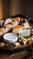 A rustic wooden board is artfully arranged with a variety of cheeses, including blue cheese, camembert, and cheddar, accompanied by a sliced baguette photo