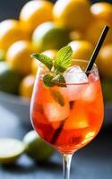 A refreshing cocktail garnished with mint leaves and served in a wine glass stands prominently in the foreground, with a bowl of lemons and limes softly blurred in the background. photo