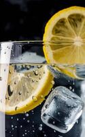 A refreshing glass of water is enhanced with slices of lemon and ice cubes, creating an invigorating and thirst-quenching appearance photo