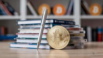 A stack of books and digital currency discs are neatly arranged on a wooden surface, accompanied by a metallic pen photo