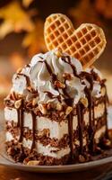 A decadent dessert features layers of chocolate and cream, topped with whipped cream, chocolate syrup, and a heart-shaped waffle photo