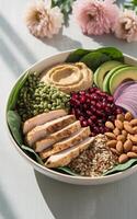 A vibrant bowl of healthy ingredients features grilled chicken slices, fresh spinach, and a variety of colorful and nutritious toppings, including avocado, almonds, and pomegranate seeds photo