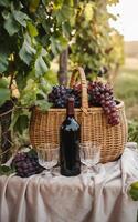 A rustic basket brimming with ripe grapes sits on a soft cloth, accompanied by a bottle of wine and two glasses photo