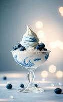 A delicate swirl of soft-serve ice cream topped with fresh blueberries is presented elegantly in a glass dish, with bokeh lights creating a dreamy atmosphere photo