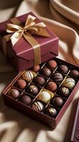 A luxurious assortment of chocolates is elegantly displayed in a maroon box adorned with a gold ribbon photo