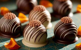 Elegant chocolate truffles are arranged on a patterned surface, each adorned with delicate stripes and a cluster of decorative photo