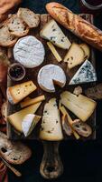 A rustic wooden board is artfully arranged with a variety of cheeses, including blue cheese, camembert, and cheddar, accompanied by a sliced baguette and a jar of jam photo