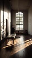 serene minimalist pilates studio with dramatic lighting, featuring wooden equipment, large window, and soft shadows photo