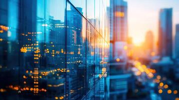 modern cityscape with glass building reflections and vibrant sunset bokeh lights, creating dynamic and urban atmosphere photo