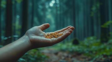 hand holding golden seeds in serene evergreen forest, symbolizing growth and connection with nature. tranquil atmosphere evokes peace photo