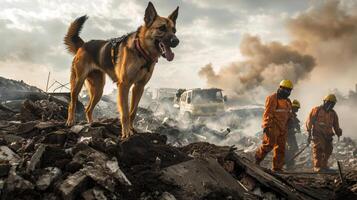 heroic rescue dog stands amidst earthquake rubble, aiding search efforts as rescue workers navigate devastation with determination photo