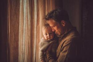 On this happy father day, father lovingly holds his baby by window, capturing moment of warmth and connection photo